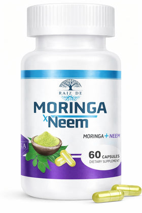 Capsules de poudre de feuille de neem et moringa bio Raiz DE, vue de face