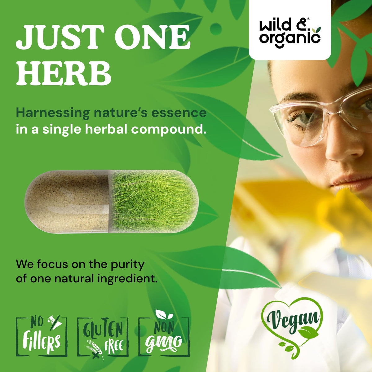 Capsules de prêle Wild & Organic sur une surface blanche