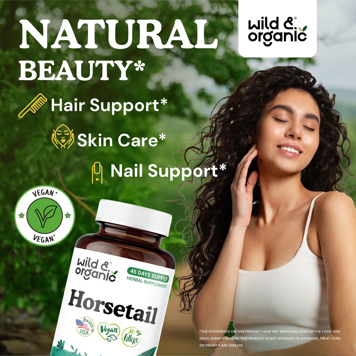 Capsules de Prêle Wild & Organic sur une surface en bois