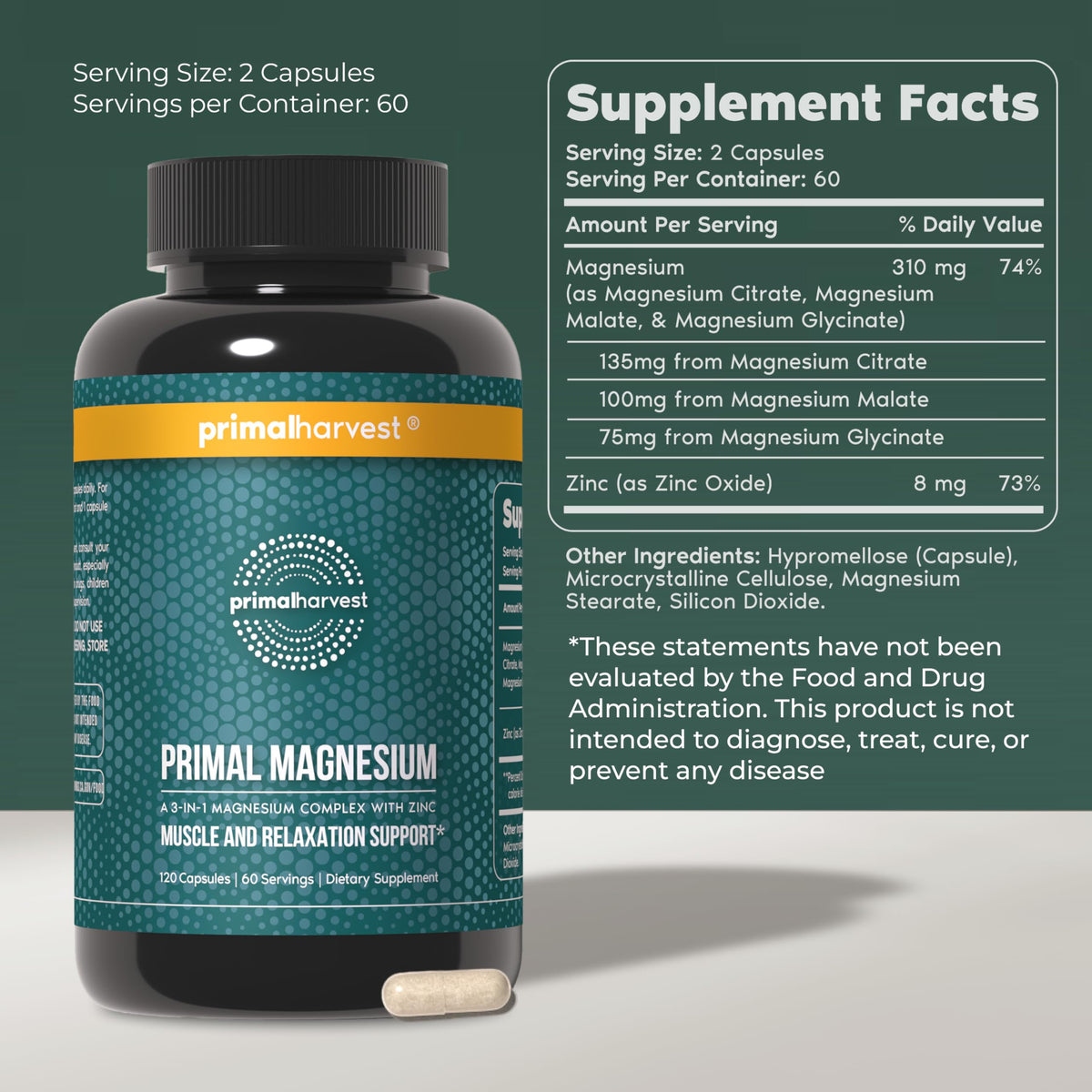 Capsules de Primal Harvest Magnésium sur une surface blanche