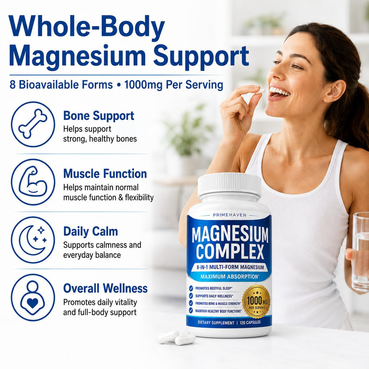 Capsules de PRIMEHAVEN Complexe de Magnésium 1000mg, vue rapprochée