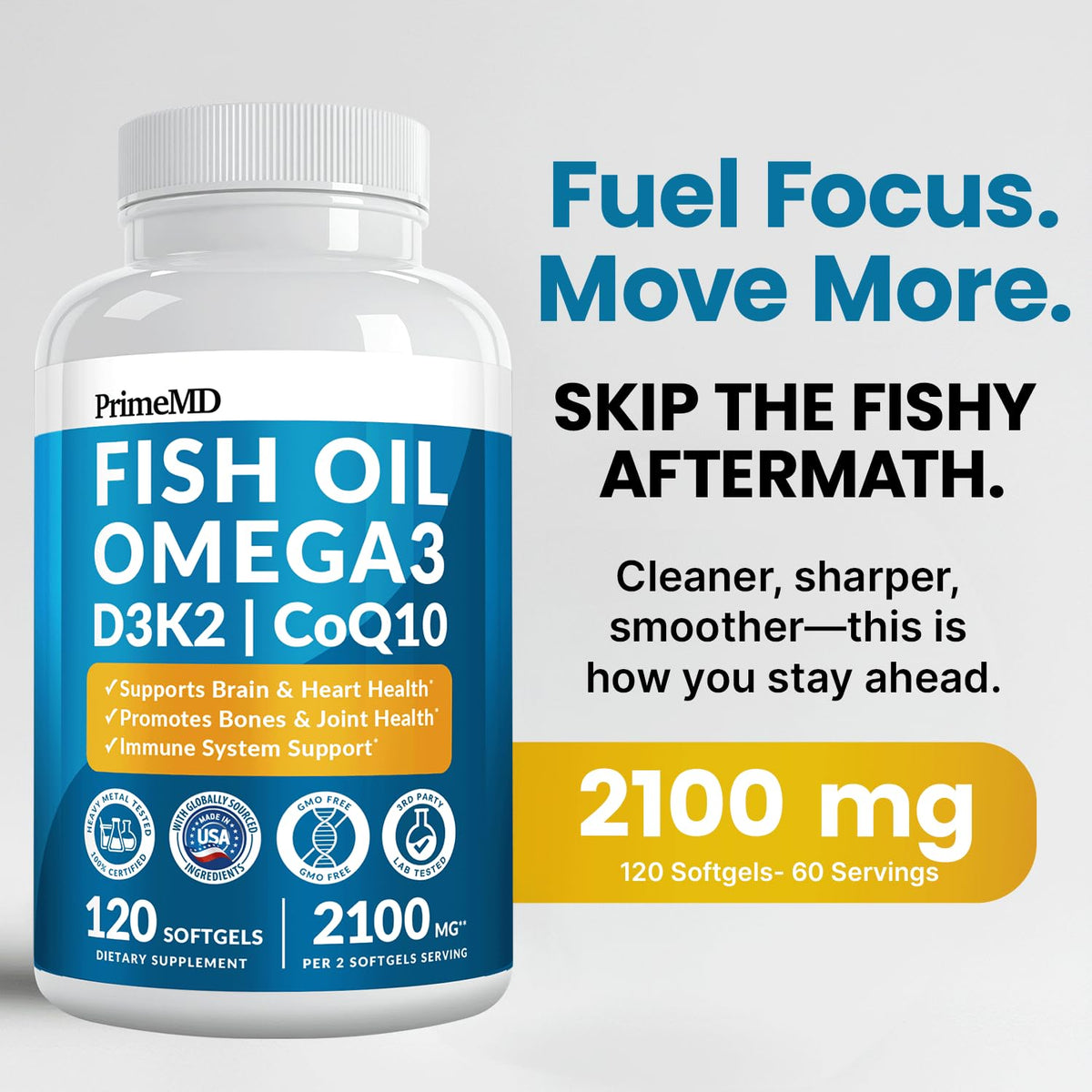 Capsules de PrimeMD Huile de Poisson Omega 3 sur une surface blanche