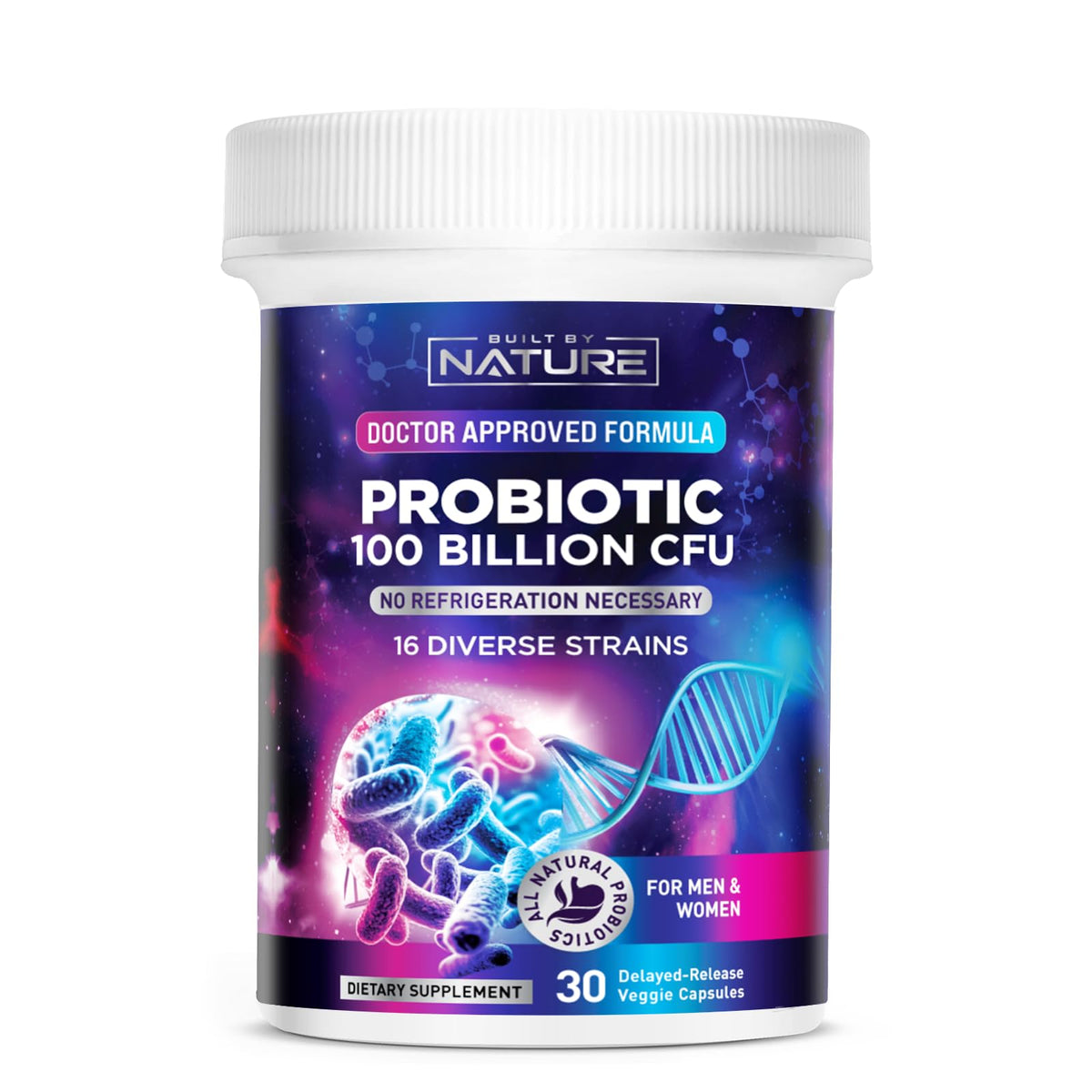 Capsules de probiotique Built by Nature dans un flacon