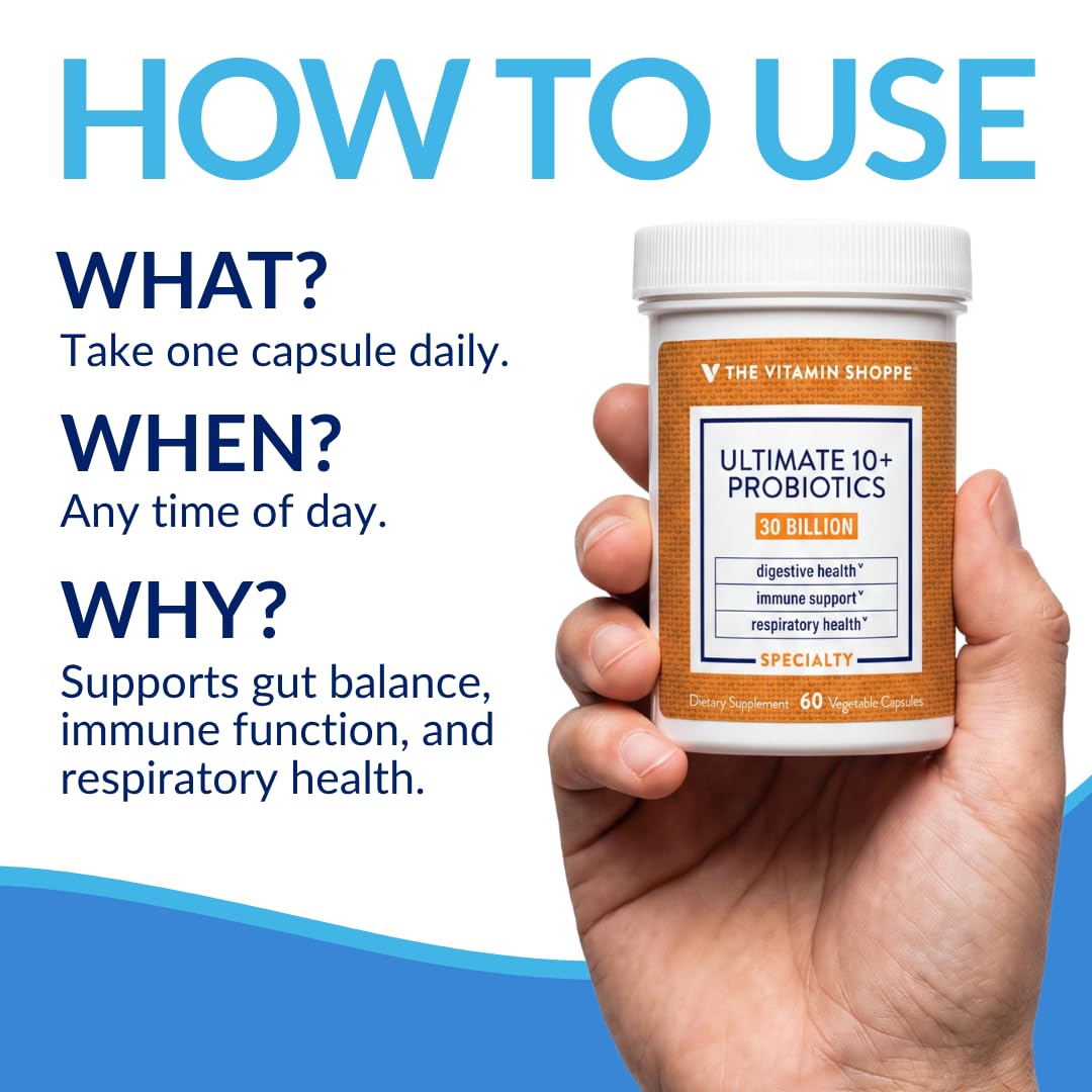 Capsules de probiotiques 10+ The Vitamin Shoppe sur une table