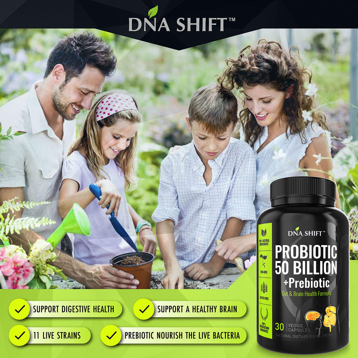 Capsules de probiotiques DNA SHIFT sur une surface blanche