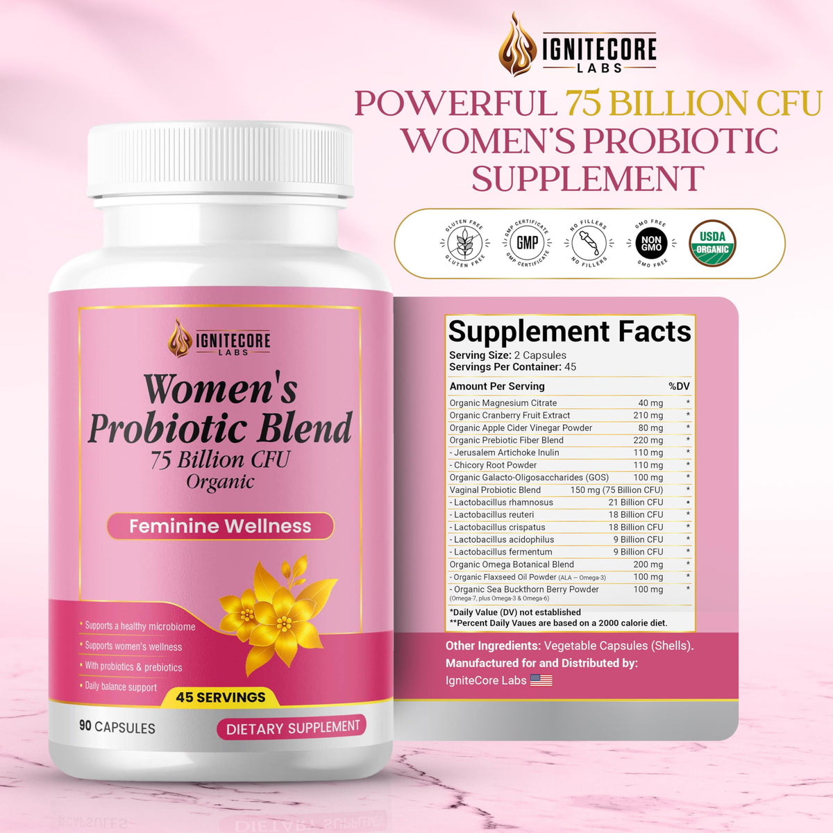 Capsules de Probiotiques Femmes IgniteCore Labs sur une surface blanche