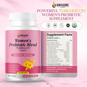 Capsules de Probiotiques Femmes IgniteCore Labs sur une surface blanche