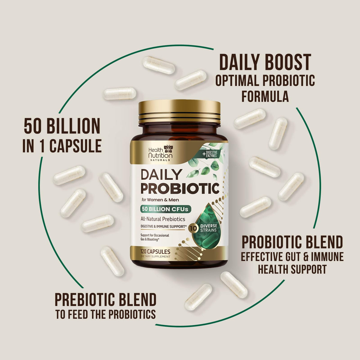 Capsules de probiotiques Health Nutrition Naturals dans un bol