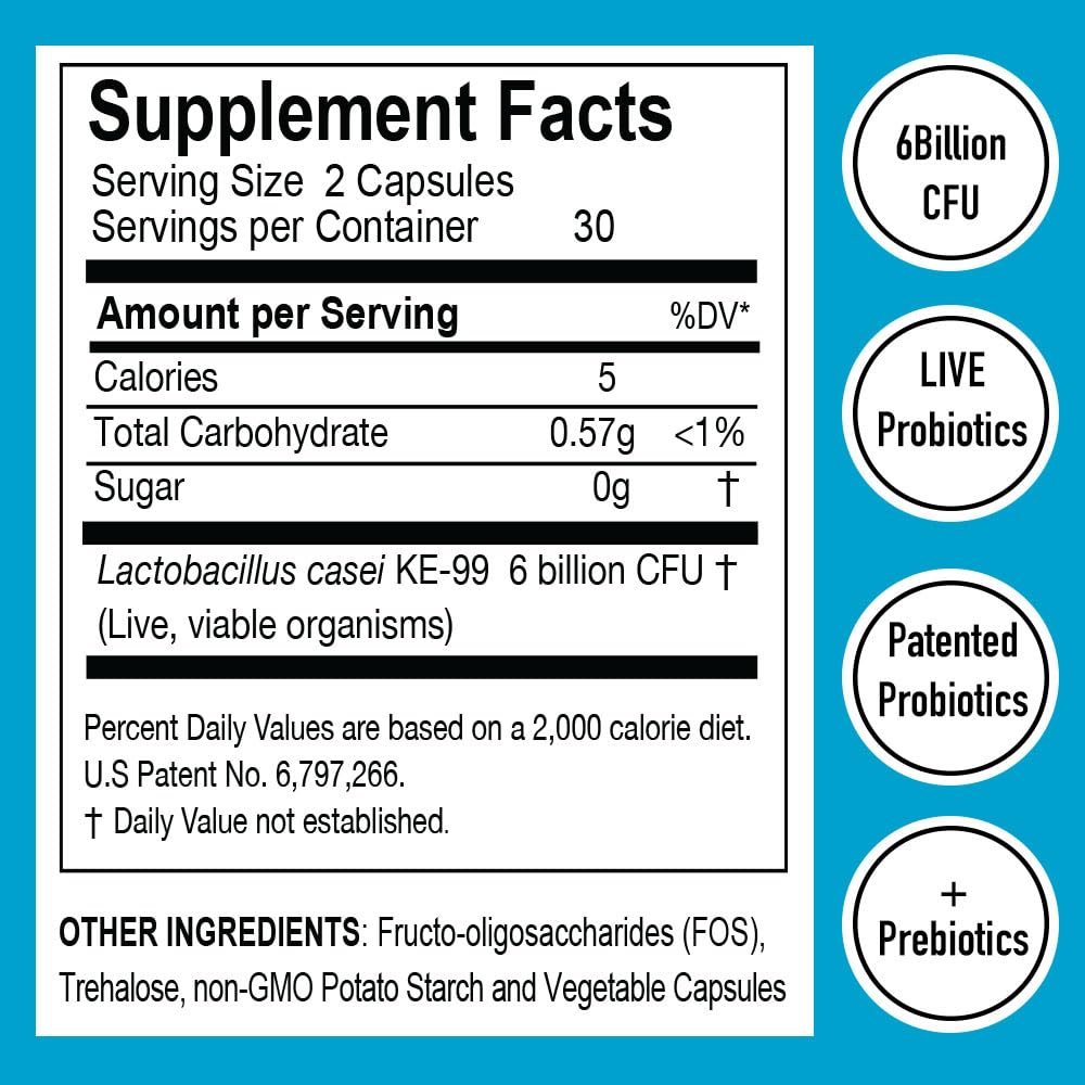 Capsules de probiotiques KE-99 LACTO avec étiquette visible
