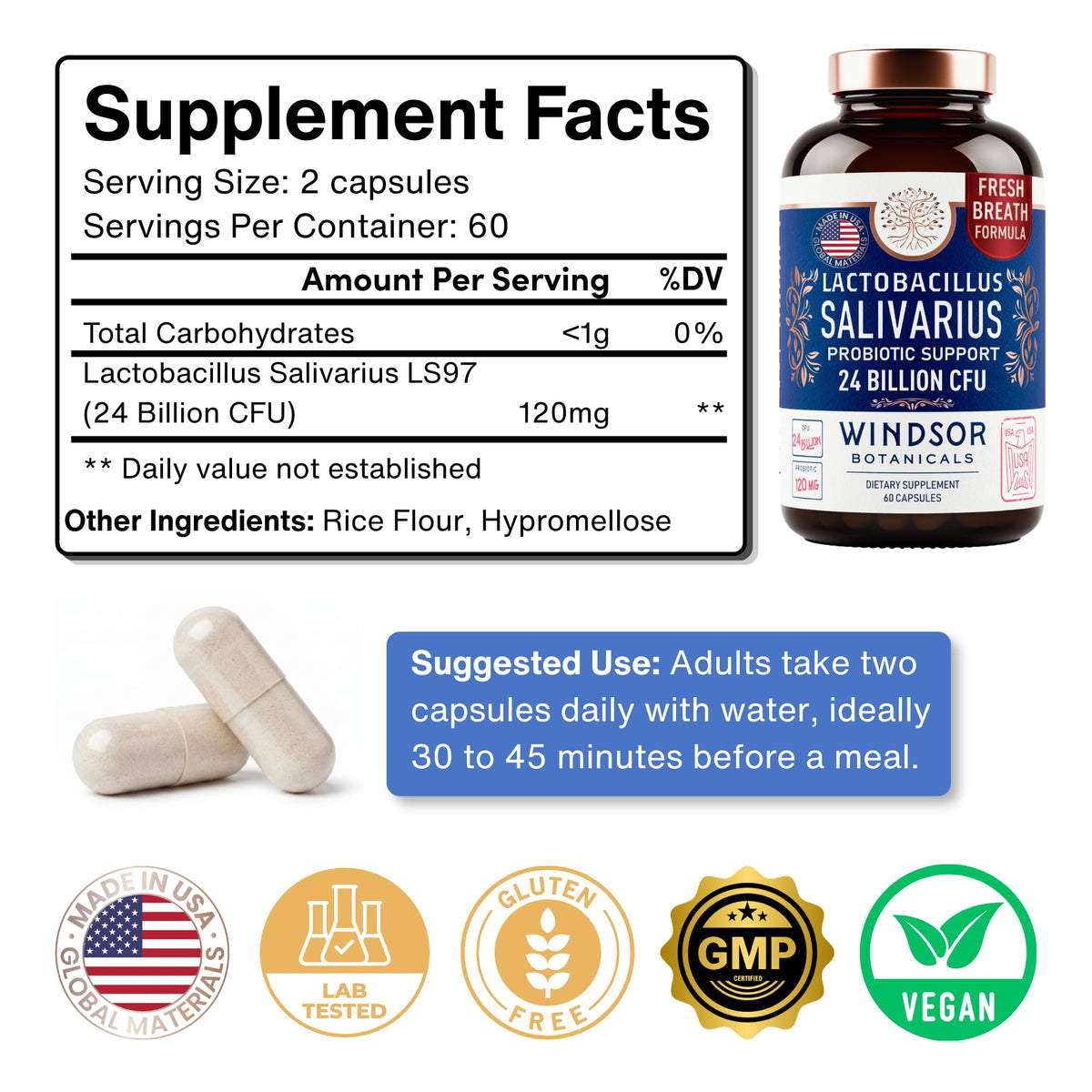 Capsules de probiotiques Lactobacillus Salivarius sur une surface blanche