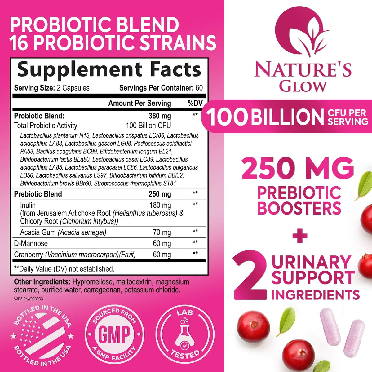 Capsules de probiotiques Nature's Glow sur une surface blanche