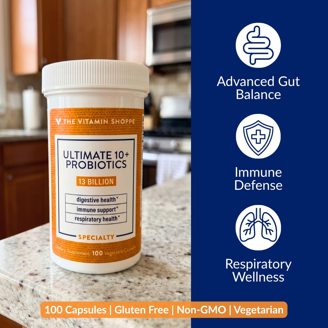 Capsules de probiotiques The Vitamin Shoppe sur une surface blanche