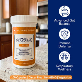 Capsules de probiotiques The Vitamin Shoppe sur une surface blanche