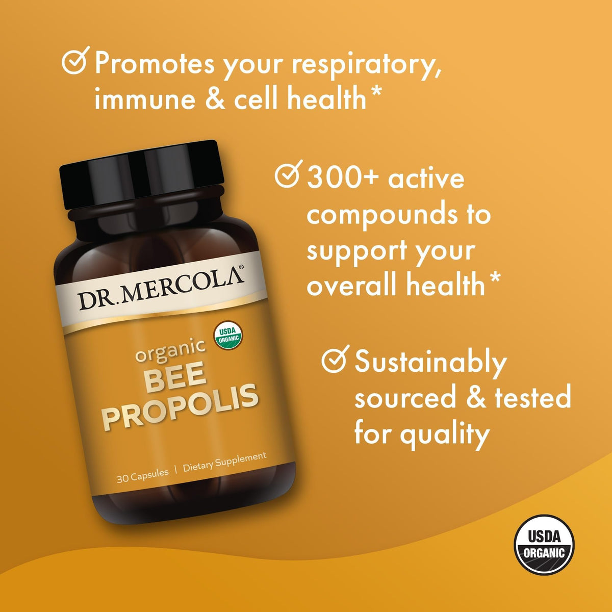 Capsules de Propolis Bio de Dr. Mercola, vue rapprochée