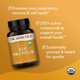 Capsules de Propolis Bio de Dr. Mercola, vue rapprochée