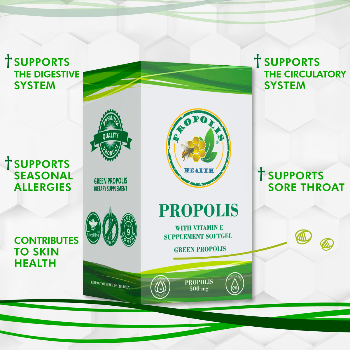 Capsules de propolis Health ouvertes avec contenu