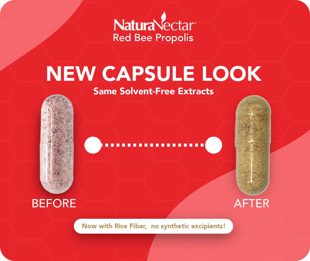 Capsules de Propolis Rouge NaturaNectar avec des abeilles en arrière-plan