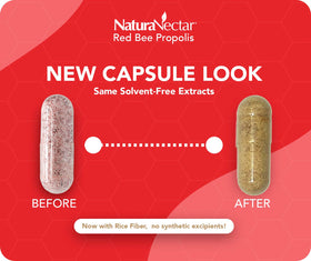 Capsules de Propolis Rouge NaturaNectar avec des abeilles en arrière-plan