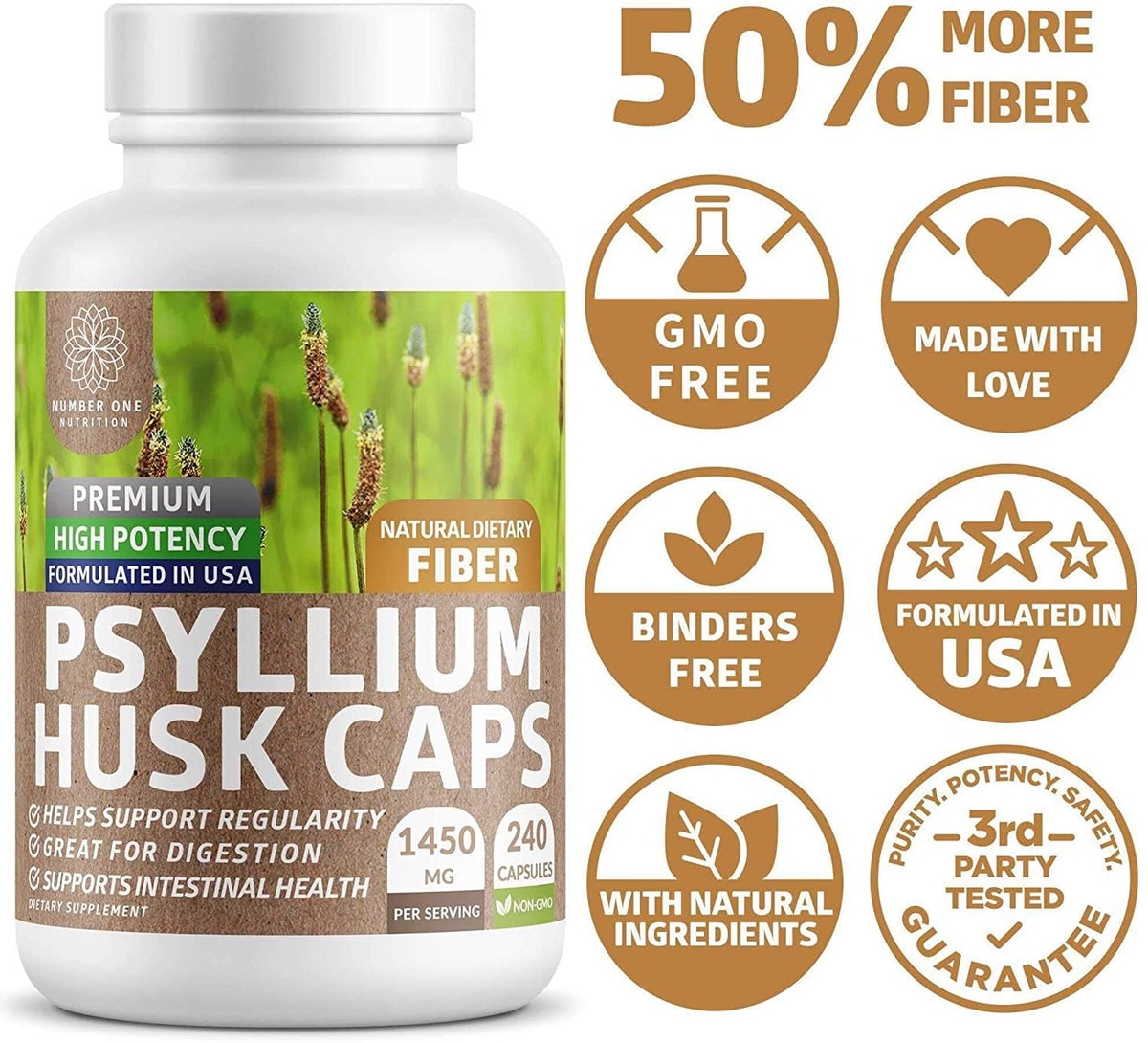 Capsules de psyllium 1450mg Number One Nutrition à côté d'un verre d'eau