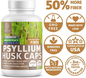 Capsules de psyllium 1450mg Number One Nutrition à côté d'un verre d'eau