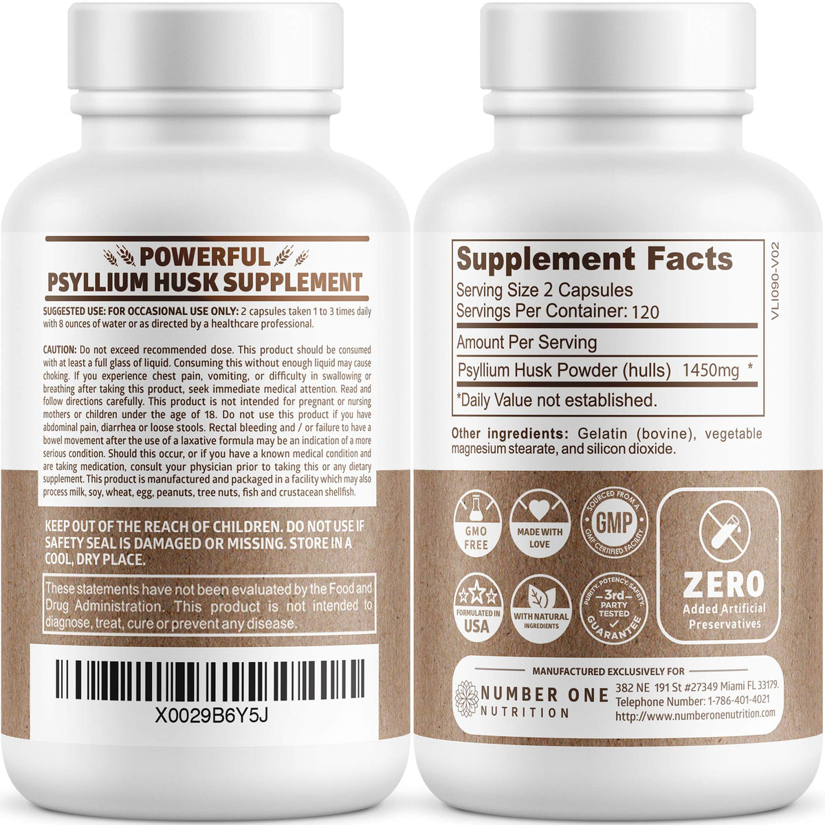 Capsules de psyllium 1450mg Number One Nutrition sur fond blanc