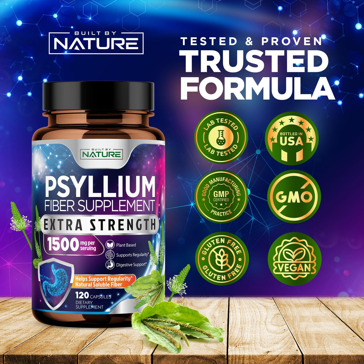 Capsules de psyllium Built by Nature sur un fond blanc