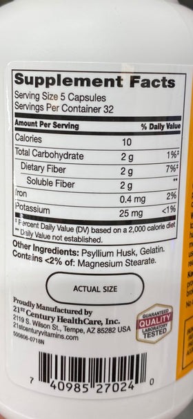 Capsules de Psyllium Fiber de 21st Century sur une surface blanche