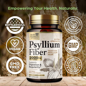 Capsules de psyllium Health Nutrition Naturals, 2000 mg, sur une table en bois