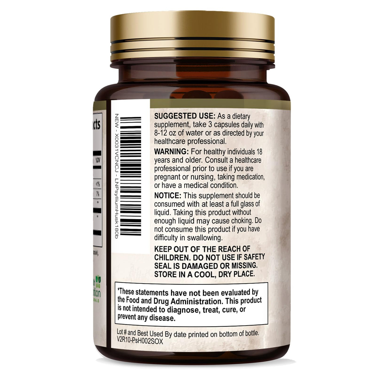 Capsules de psyllium Health Nutrition Naturals, présentation sur une table
