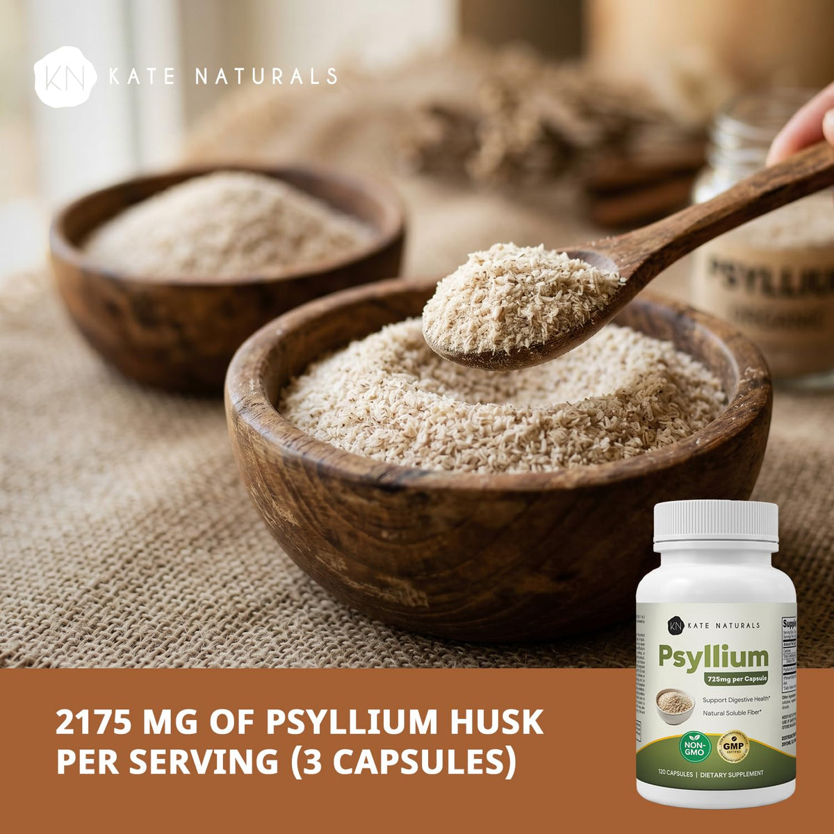 Capsules de psyllium Kate Naturals 725mg, vue de côté