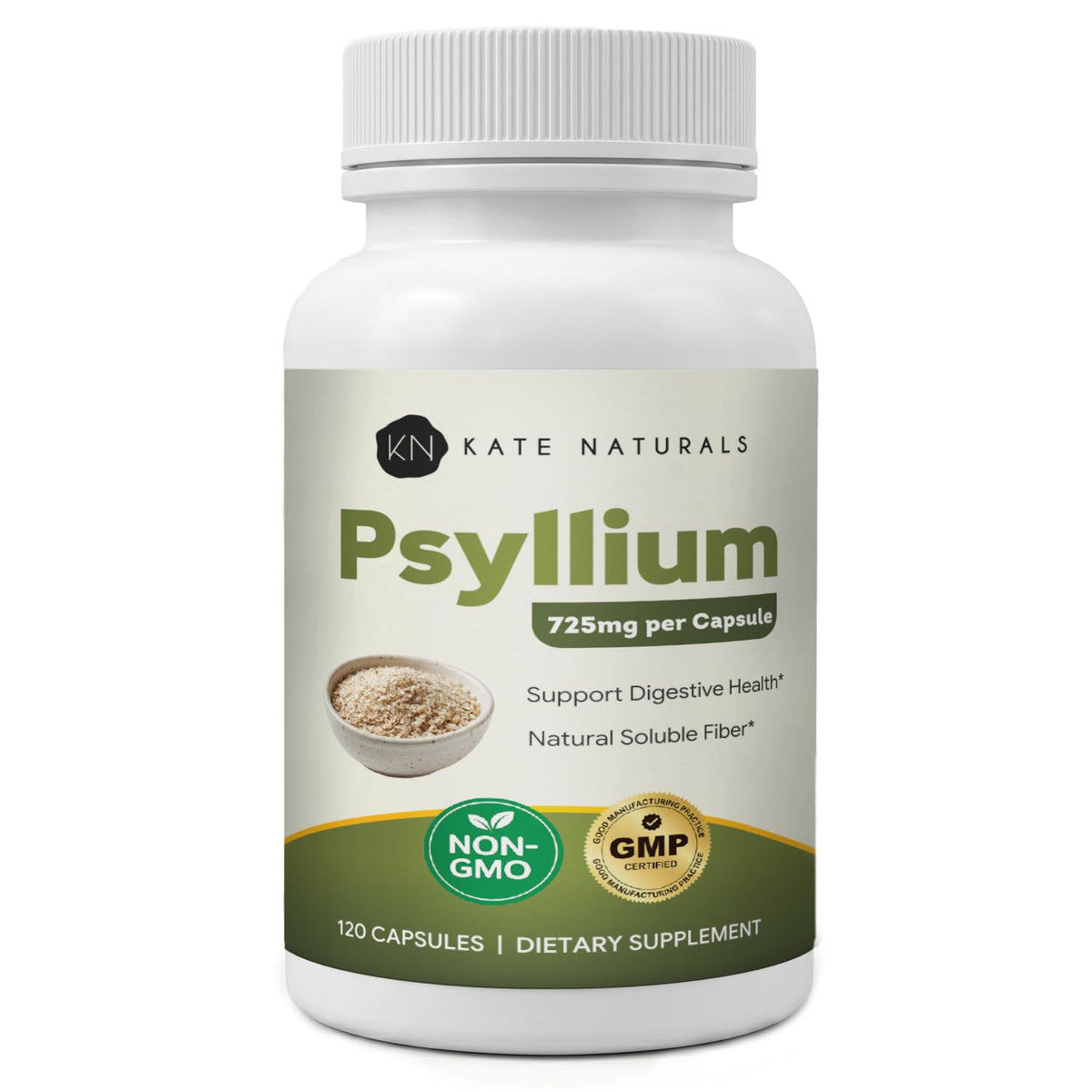 Capsules de psyllium Kate Naturals 725mg, vue de face