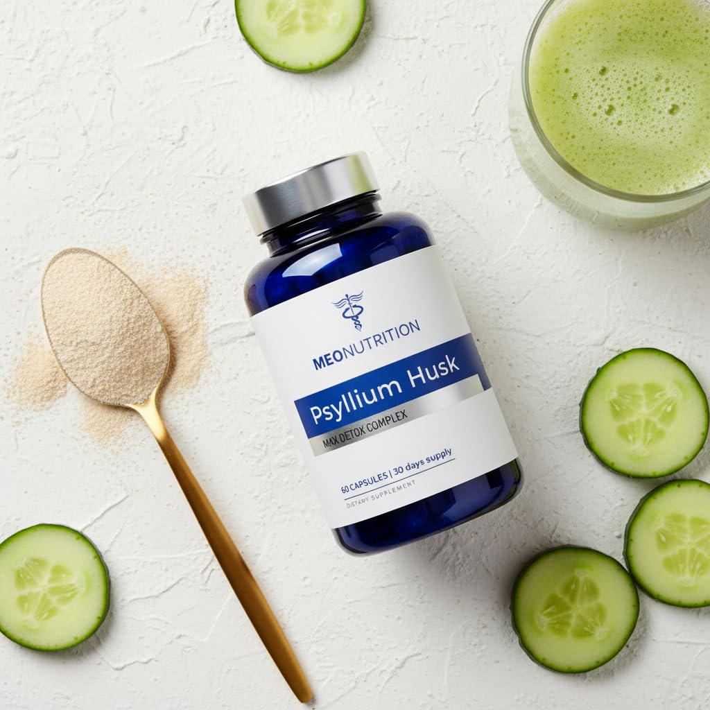 Capsules de psyllium Meo Nutrition sur une surface en bois