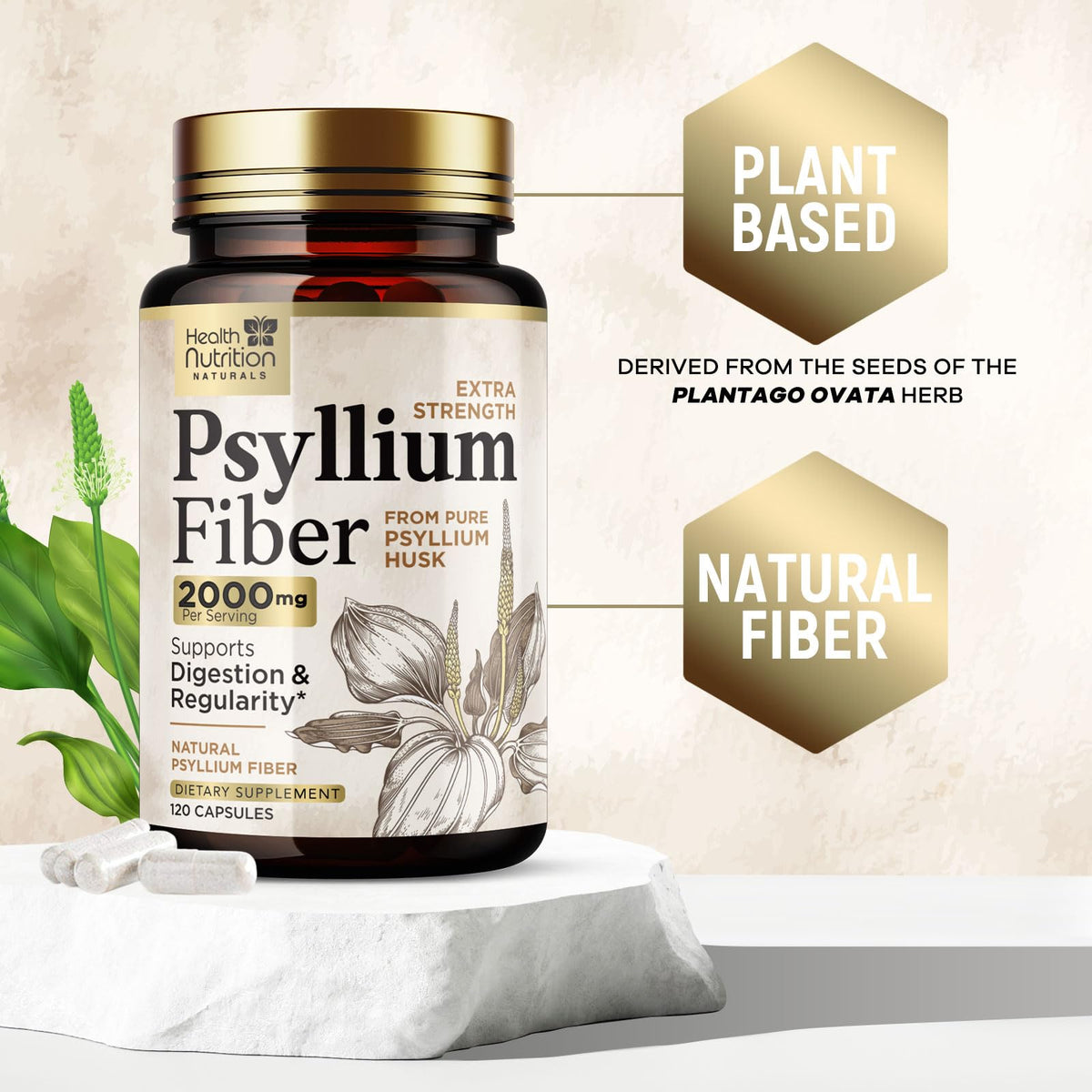 Capsules de psyllium sur une table avec un verre d'eau