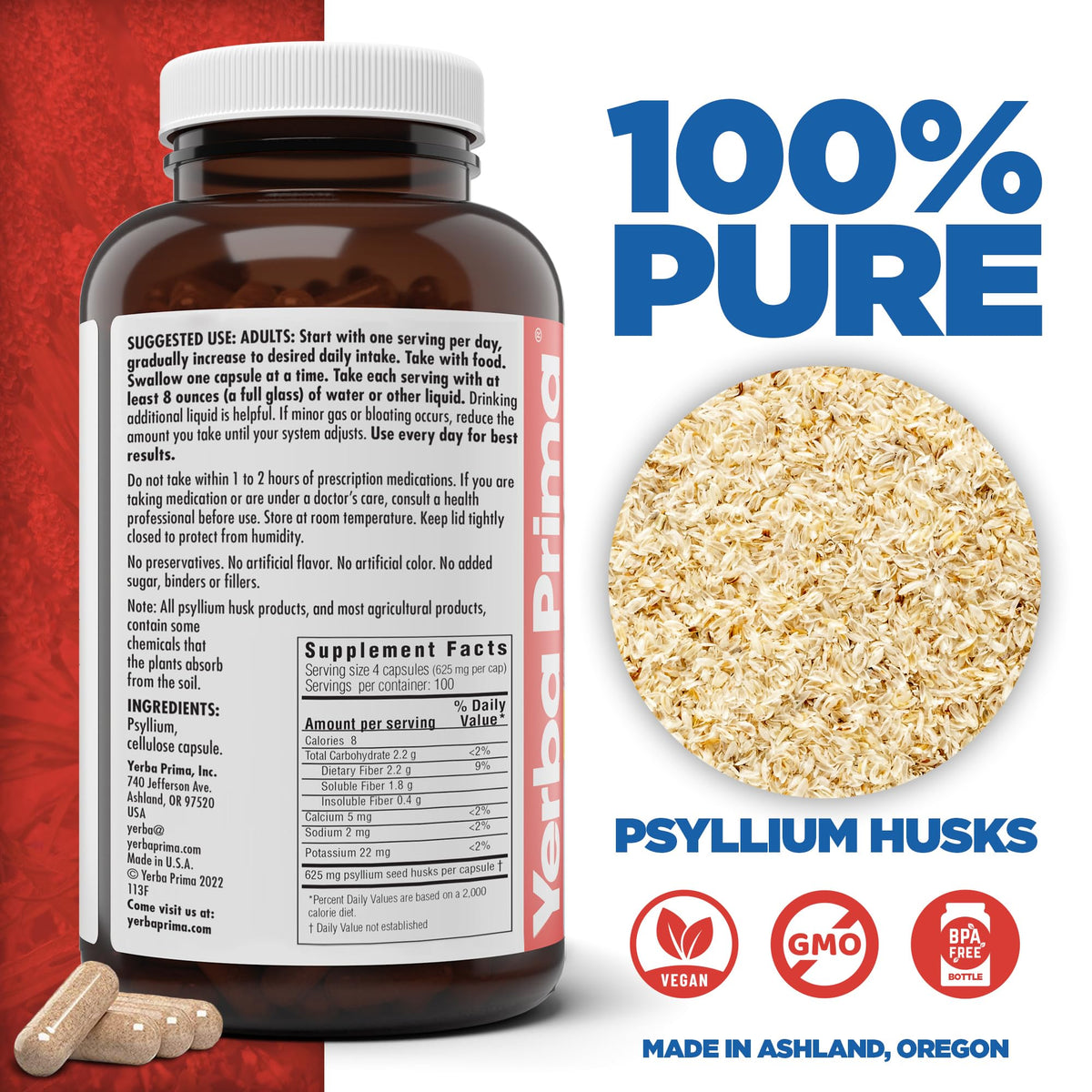 Capsules de psyllium Yerba Prima, une capsule sur un fond blanc