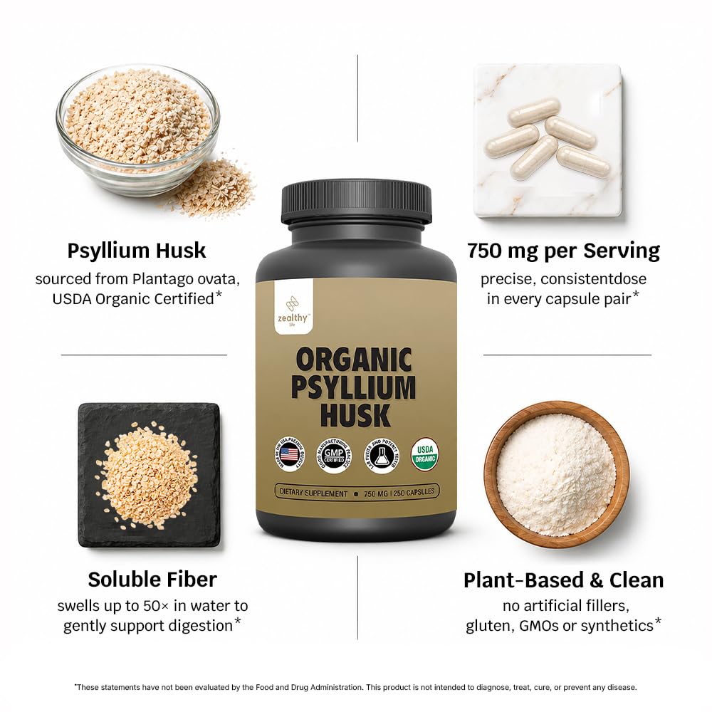 Capsules de psyllium Z Zealthy Life sur une table en bois