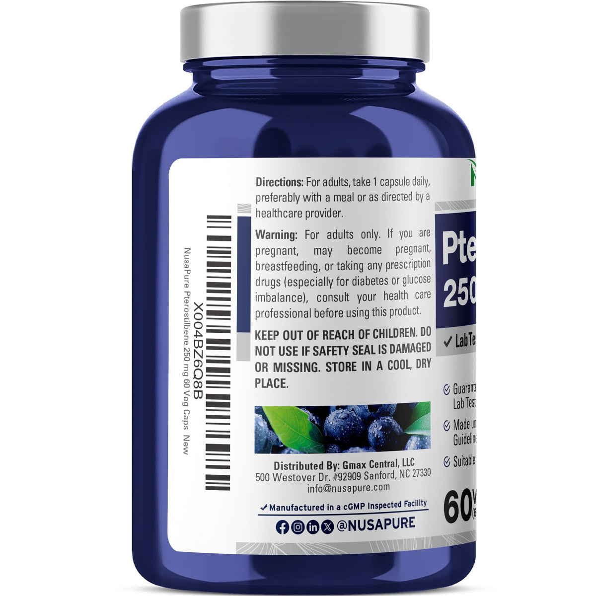 Capsules de Pterostilbene NusaPure sur fond blanc