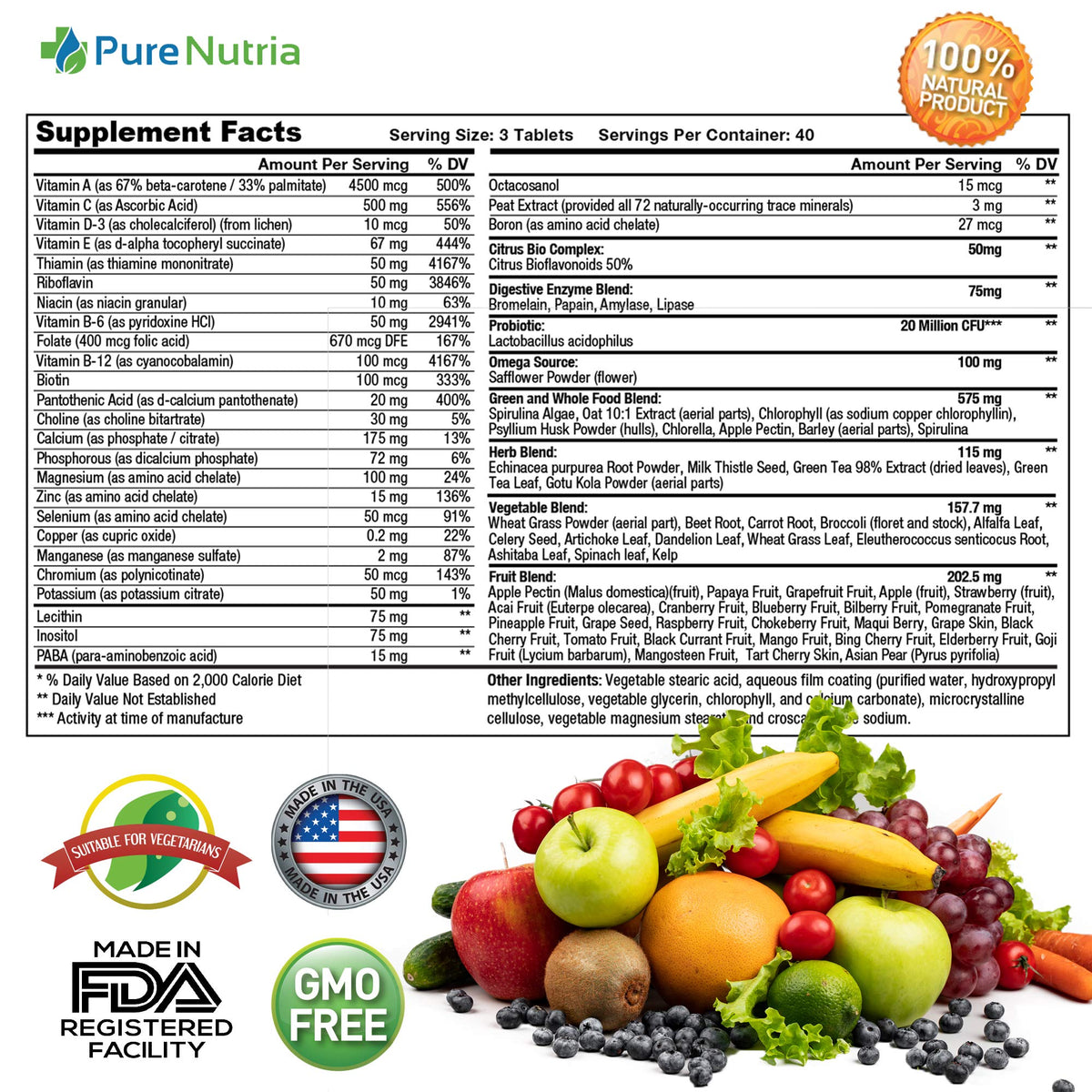 Capsules de PureNutria Multivitamines sur fond blanc