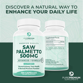 Capsules de PurePremium Saw Palmetto 500mg sur une table en bois