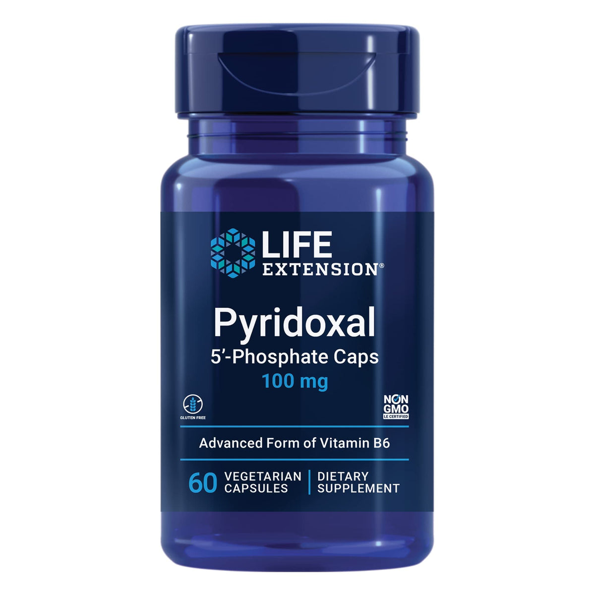 Capsules de Pyridoxal 5'-Phosphate Life Extension 100 mg devant un fond neutre
