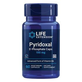 Capsules de Pyridoxal 5'-Phosphate Life Extension 100 mg devant un fond neutre
