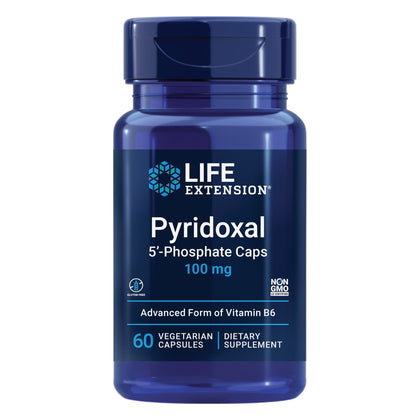 Capsules de Pyridoxal 5'-Phosphate Life Extension 100 mg devant un fond neutre