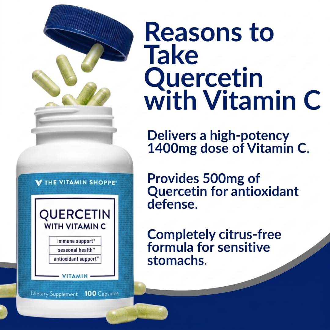 Capsules de Quercetin + C sans agrumes de The Vitamin Shoppe sur une table
