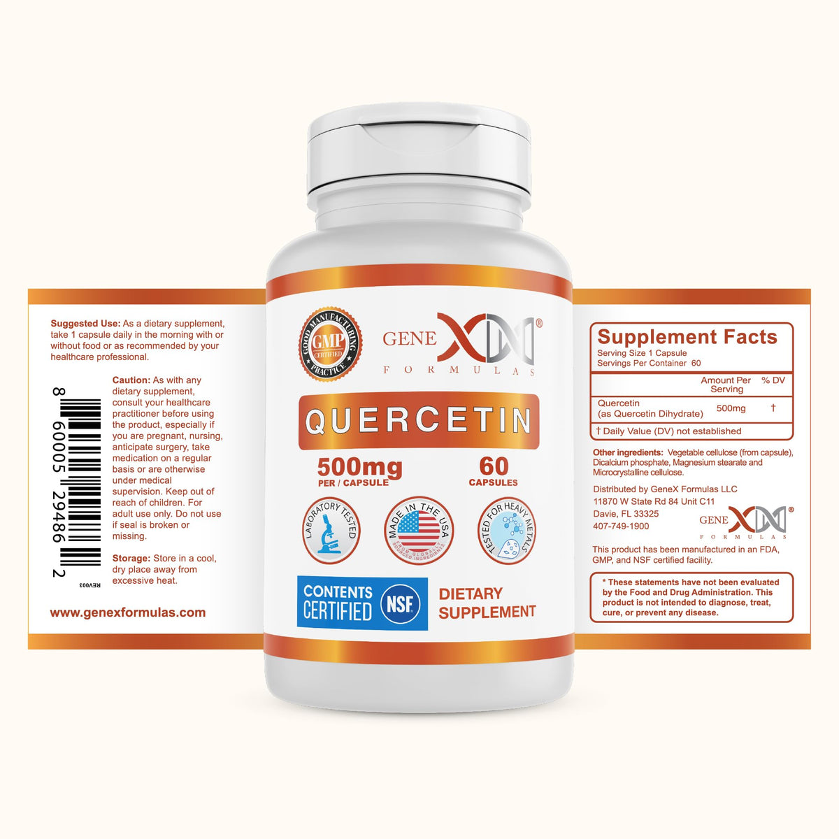 Capsules de Quercétine 500mg Genex Formulas sur une table en bois