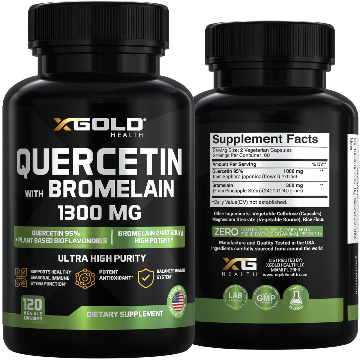 Capsules de Quercétine avec Bromélaïne sur table avec des fruits