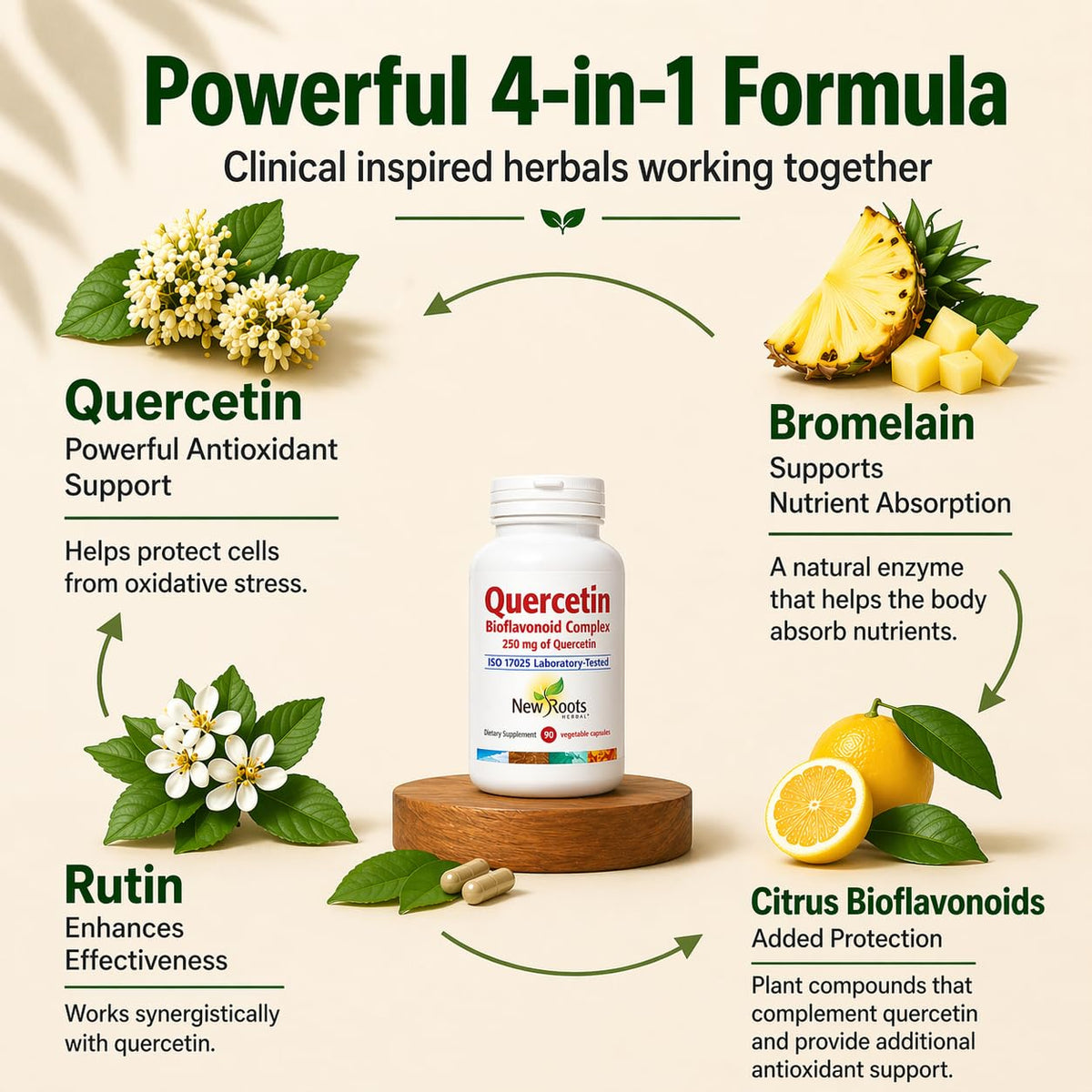 Capsules de Quercétine avec Bromélaïne sur une surface en bois