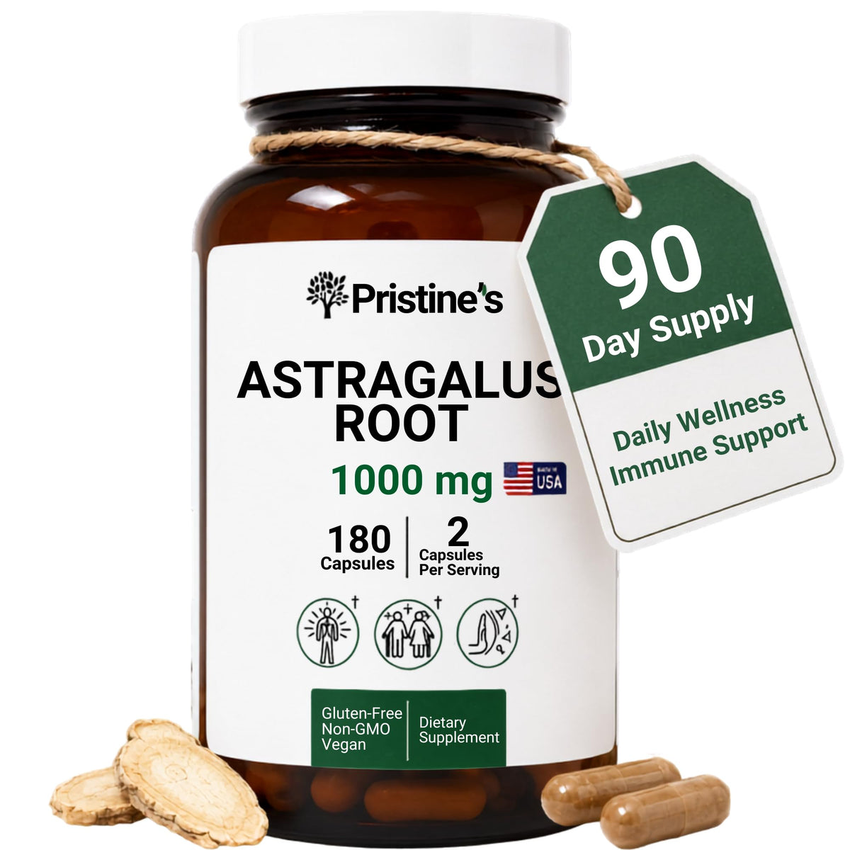 Capsules de racine d'astragale PRISTINE'S 1000mg vue de face