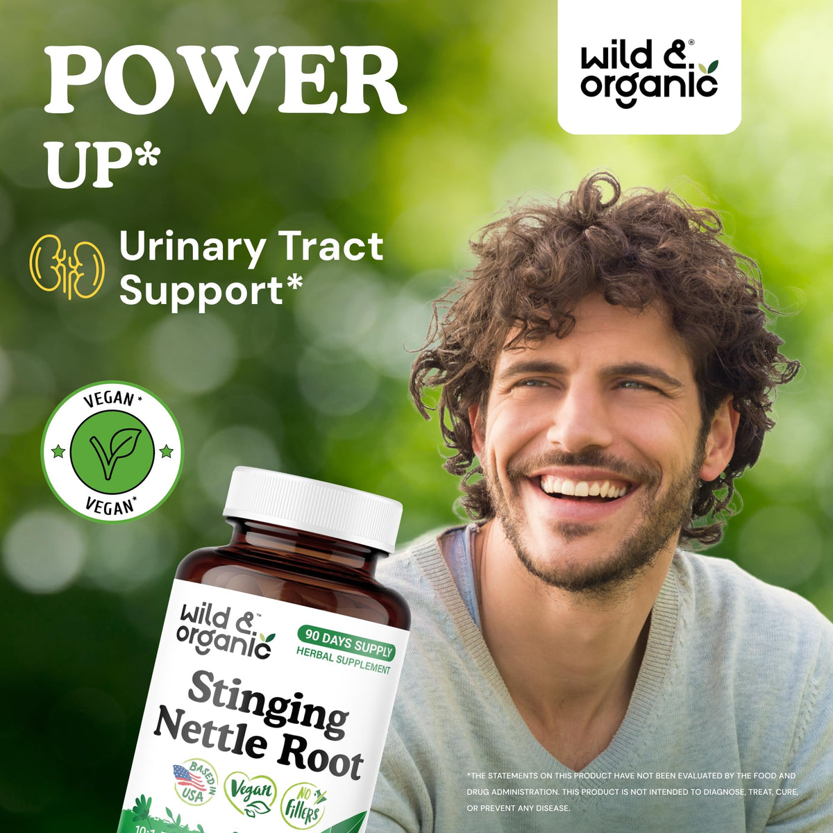 Capsules de racine d'ortie Wild & Organic sur une surface blanche
