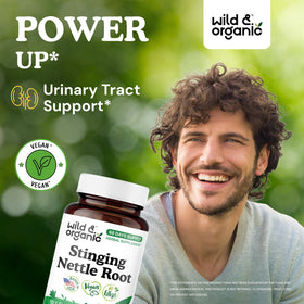 Capsules de racine d'ortie Wild & Organic sur une table
