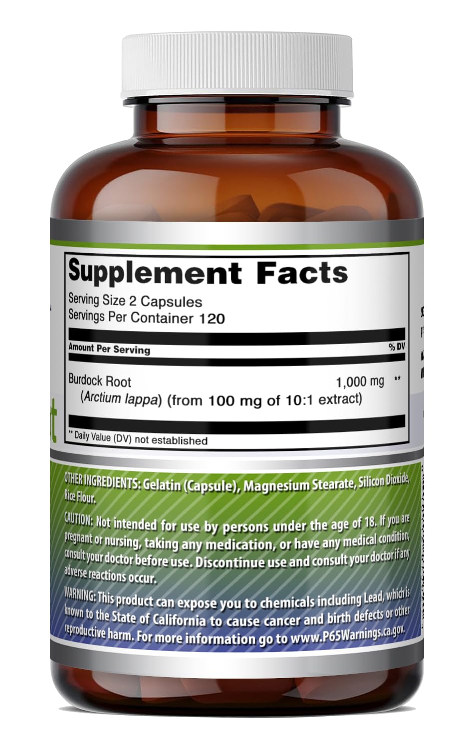 Capsules de racine de bardane Amazing Nutrition sur une table en bois