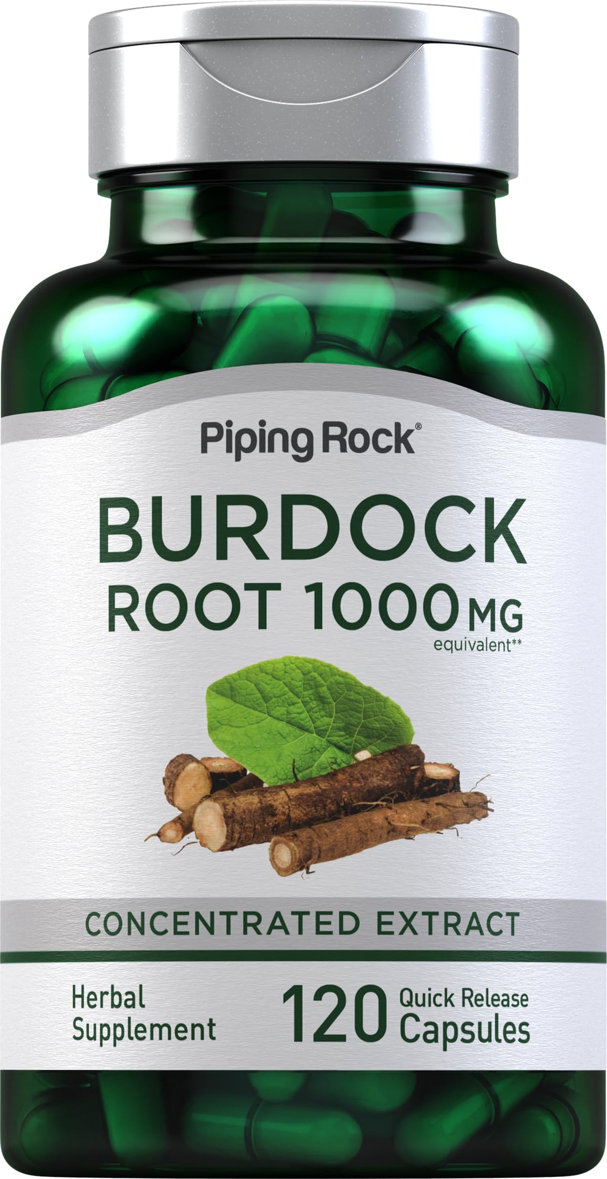 Capsules de racine de bardane Piping Rock 120 comprimés vue de face